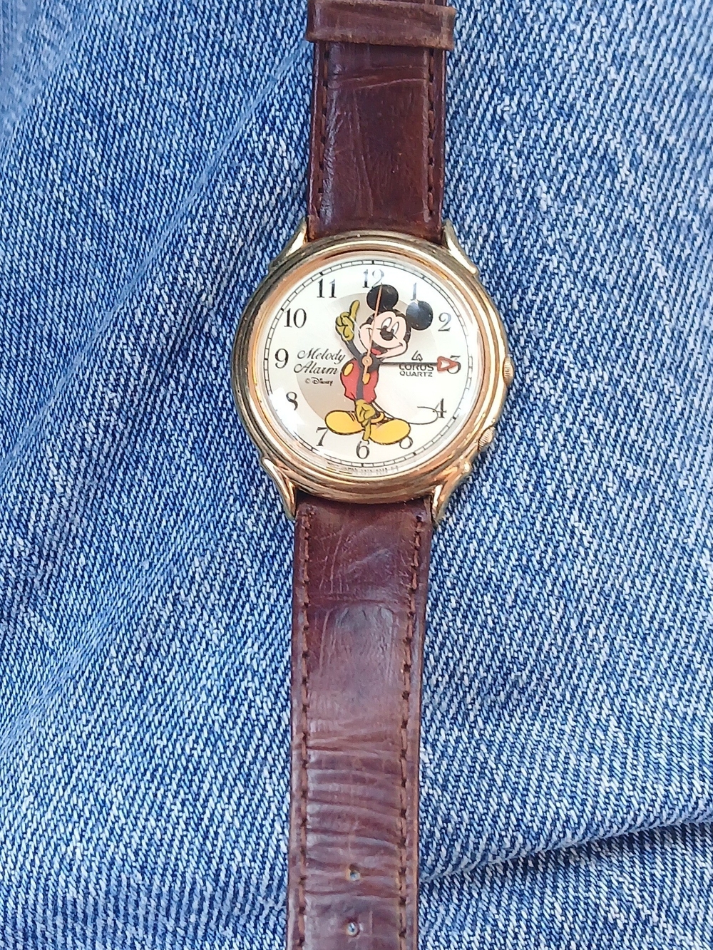 Disney Mickey Mouse Gold-Tone Watch with Brown Leather Strap